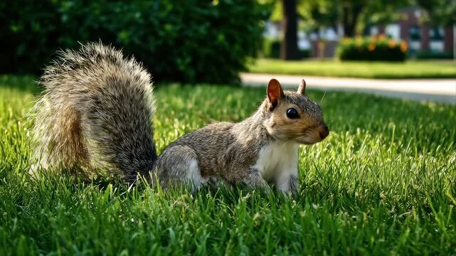 A grey squirrel sits in vibrant green grass, its fluffy tail prominent. Backyard setting