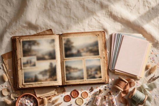 Vintage Stack of Books, Spices, and Rustic Apothecary Flat Lay
