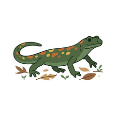Fototapeta premium Cute Green Spotted Salamander Walking on Autumn Leaves Vector Illustration