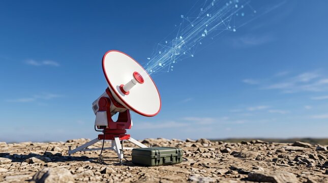 Satellite Dish Antenna Transmitting Digital Data Signals in Desert Landscape