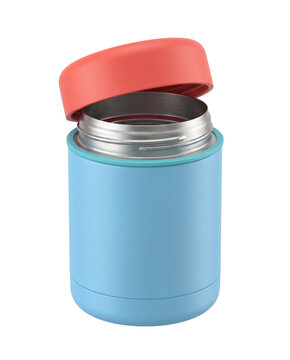 Healthy diet, blue insulated food jar thermos isolated on transparent background. stainless steel soup container object shape shape cutout. high quality 3d realistic design elements collection.