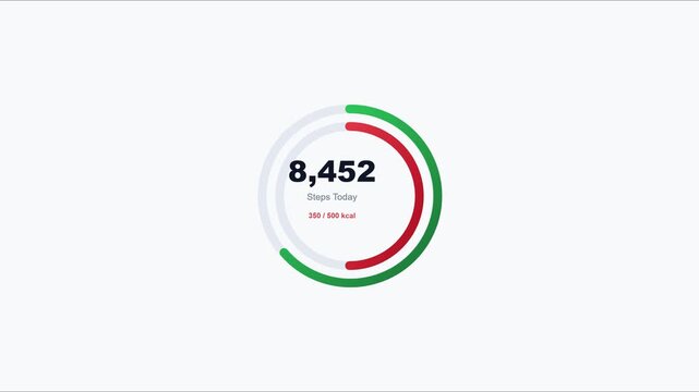 Fitness activity tracker interface showing daily steps and calorie burn progress ring animation 4k health