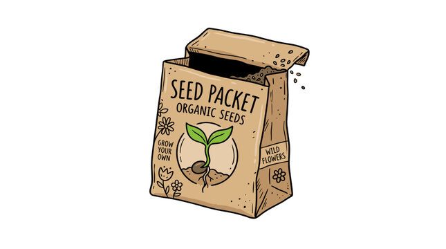Seed packet with organic seeds on a plain for gardening and planting