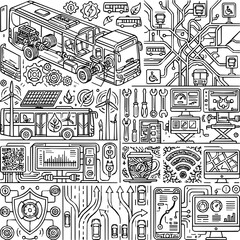 Fototapeta premium Urban infrastructure - Detailed infographic doodle of an electric bus and sustainable transport system for a smart city with renewable energy and