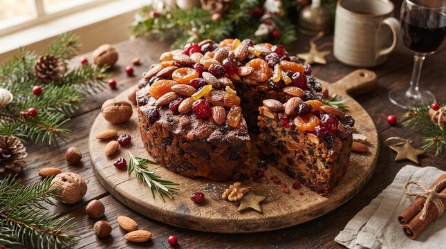 traditional christmas fruitcake topped with dried fruits and nuts on wooden cutting board with festive background