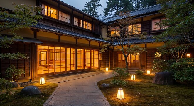 Serene Japanese style house at dusk.