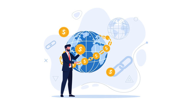 Businessman managing global finance and cryptocurrency connections, symbolizing international trade, digital currency, and economic links.