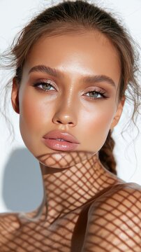 Beauty Portrait of a Woman with Perfectly Smooth Skin and Artistic Shadow Pattern on Face