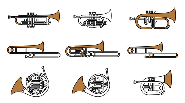 Vector icon set of brass musical instruments including trumpets, trombones, and French horns, flat design style