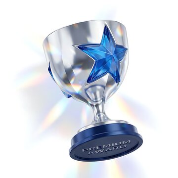 A shiny silver trophy cup with a blue star emblem floating against a white background.