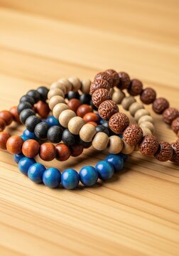 A collection of handcrafted wooden bead bracelets resting on a smooth, pale timber surface, showcasing natural textures and organic beauty, aesthetic, craft, rustic