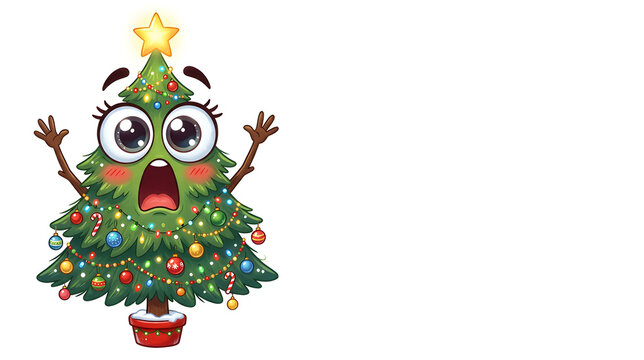 A funny cartoon Christmas tree with enormous wide-open sparkling eyes, raised eyebrows and a dramatically surprised open mouth, rosy cheeks, tiny arms raised in shock, colorful baubles, glowing star 
