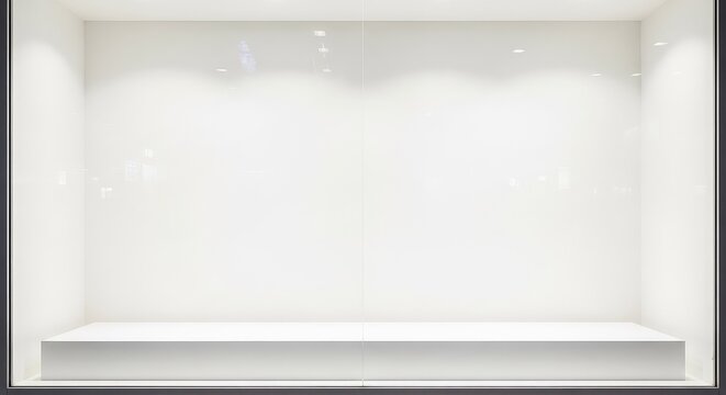 An empty retail storefront display window features a pristine white background, offering a minimalist space for creative mockups and design, boutique, studio, modern