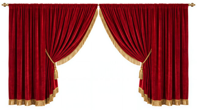 Classic red stage curtain with elegant gold border isolated on white background. Premium theater backdrop for performances, events and presentations.