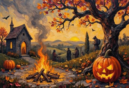 Spooky Autumn Night Scene with Jack-o'-Lanterns and Fire Pit under Fallen Leaves