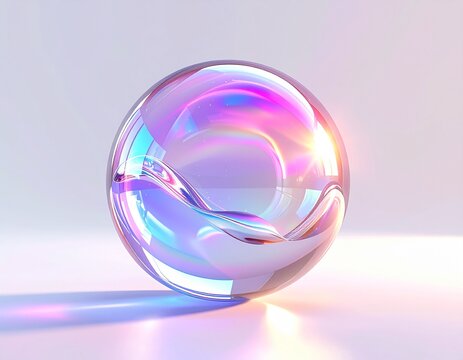 影が落ちる繊細なホログラフィックガラスボールの3Dレンダリング