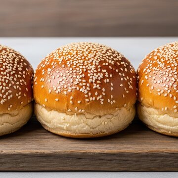 Golden brown burger buns sprinkled with crunchy white sesame seeds on a rustic wooden board, perfect for gourmet sandwich or slider creations, cooking, yeast, bread