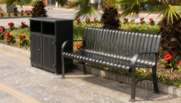 Metal Bench and Recycle Bin Park
