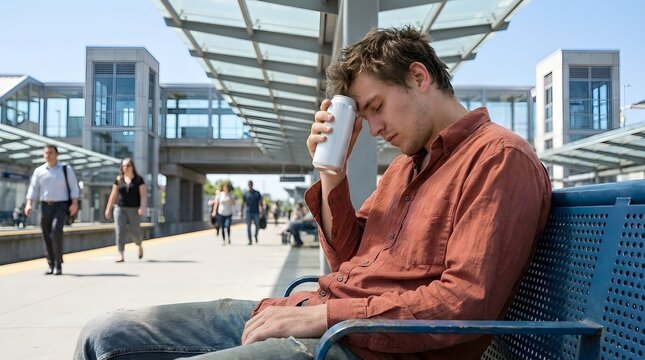 Exhausted Young Man Cooling His Forehead with a Cold Beverage Can at an Outdoor Train Station Platform