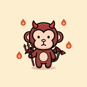 Cute cartoon monkey dressed as devil with trident.