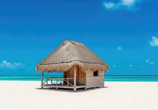A rustic thatched-roof hut sits on soft white sand by a calm turquoise ocean under a bright blue sky, offering a sense of peaceful bliss, roof, coastal, vacation