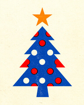 Retro risograph Christmas tree with ornaments / vintage holiday poster

