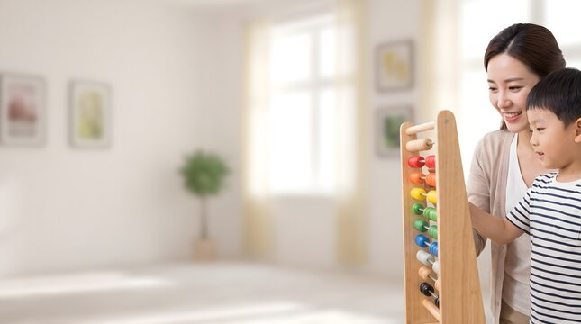 An Asian mother guides her young son as he learns to count using a colorful wooden abacus toy during a quiet afternoon at home in a bright living room environment to support early childhood education