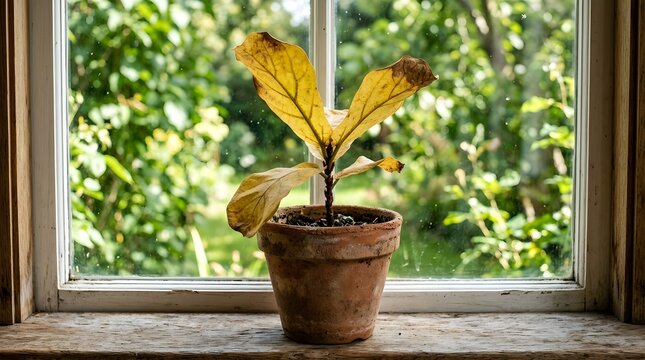 Neglected houseplant with dry yellow leaves in terracotta pot on wooden windowsill by window