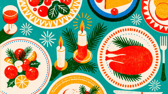 Retro risograph festive holiday dinner table from above / vintage poster

