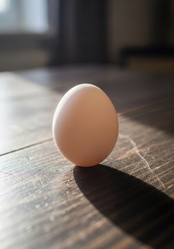 A single white chicken egg sits alone on a rustic dark wooden table surface with soft morning light and a shallow depth of field effect, kitchen, interior, oval
