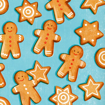 Retro risograph gingerbread cookies and winter sweets / vintage holiday print

