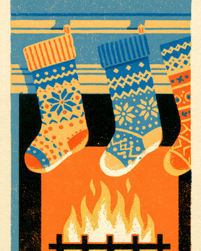Retro risograph stockings hung by a glowing fireplace / vintage holiday poster

