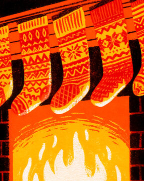 Retro risograph stockings hung by a glowing fireplace / vintage holiday poster

