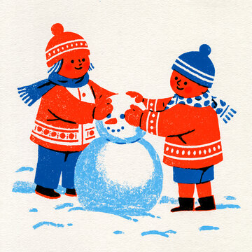 Retro risograph children building a snowman outdoors / vintage holiday print


