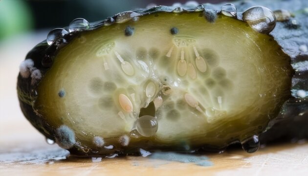 Extreme close-up of spoiled cucumber, slimy translucent flesh, darkened skin, fungal spots and water droplets.