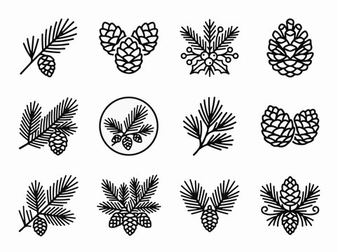 Winter pine cone and branch icon set minimalist black line art vector collection for nature branding and seasonal holiday design