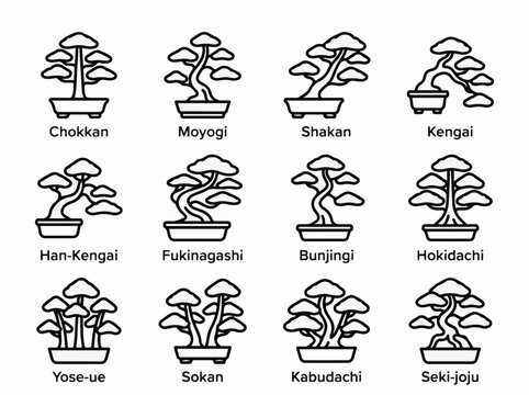 Japanese bonsai tree styles icon set line art vector collection featuring traditional forms for gardening and nature design
