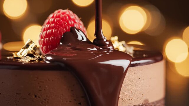 Thick liquid chocolate is poured over a decadent dessert garnished with a fresh raspberry.