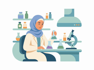 Obraz premium Muslim woman scientist in hijab flat vector illustration for medical research and laboratory STEM concept isolated on white background