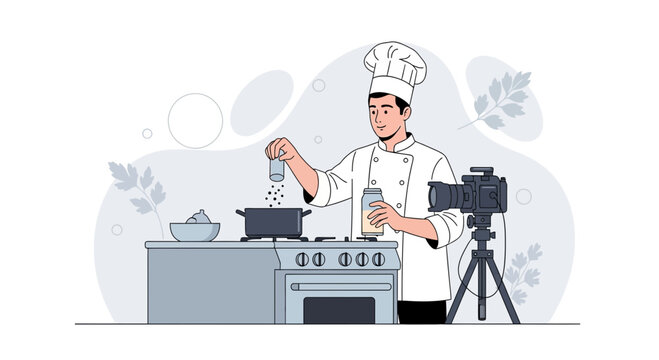 Chef filming cooking show with camera, seasoning food in modern kitchen
