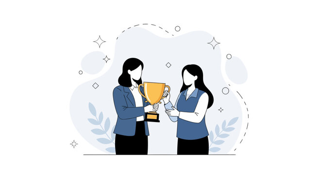 Businesswomen celebrating success, receiving a gold trophy, vector illustration representing achievement and teamwork.