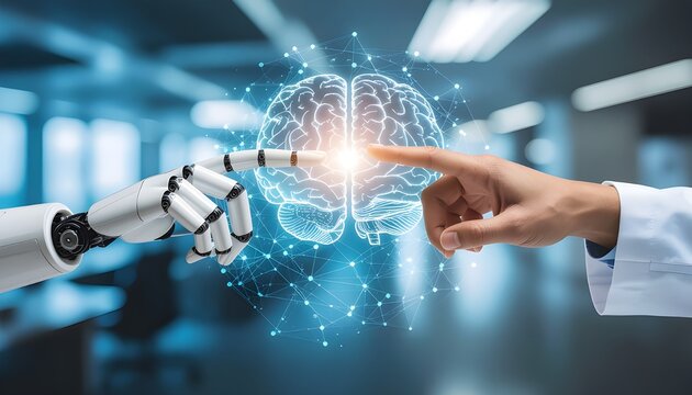 Robotic Hand and Human Doctor's Hand Touching Digital Brain Hologram Representing AI in Medicine