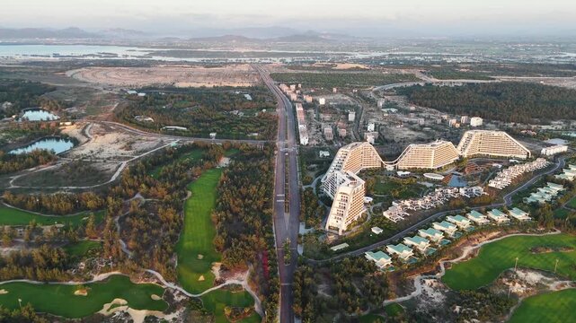 Panoramic aerial view of FLC Nhon Ly beach resort and golf course in Vietnam