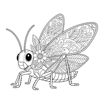 Intricate Mandala Grasshopper Coloring Page for Adults and Kids, Detailed Zentangle Insect Art with Floral Patterns, Relaxing Animal Design