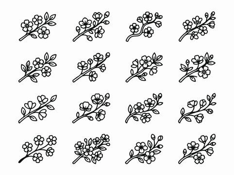 Cherry blossom branch icon set line art vector collection with floral spring elements for wedding stationery and minimalist branding design