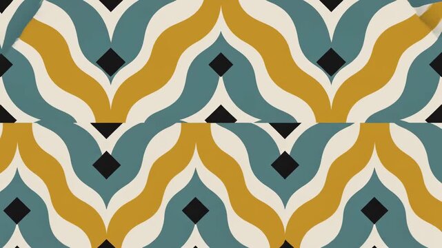 Retro Geometric Motion Background with Mustard and Teal Wavy Ogee Pattern, ideal for vintage-themed video projects.