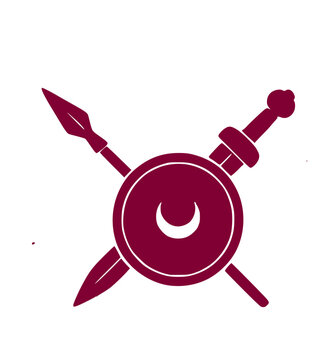 Dark red silhouette mashup icon featuring an ancient Roman crossed sword spear and round crescent moon shield weapon vector graphic design element art