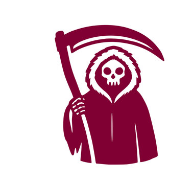 Dark red silhouette mashup icon featuring a spooky Halloween grim reaper skeleton holding a scythe with a winter hood vector graphic design element art