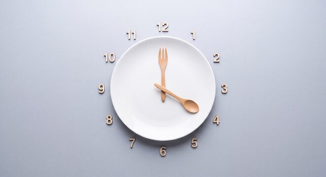 Intermittent fasting and meal timing concept featuring an empty white plate styled as a clock with wooden cutlery on grey background