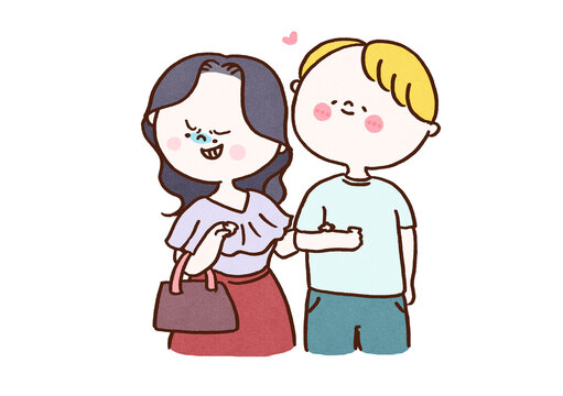 Woman smiling wickedly while linking arms with a man in love with her, romance scam concept
